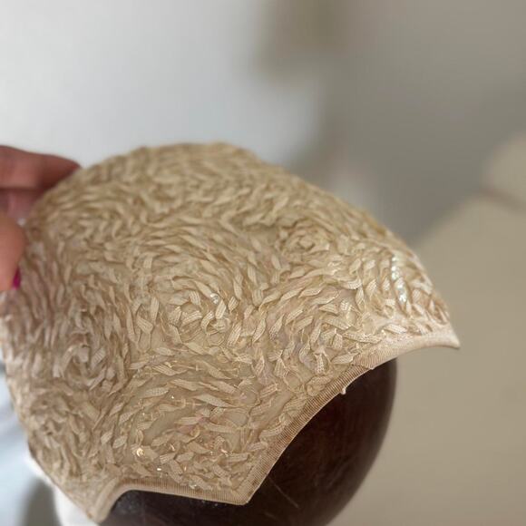 Felice Fashions Cap Cream Aurora Structured Sequined Hat Sculpted Wing Design - Picture 2 of 3